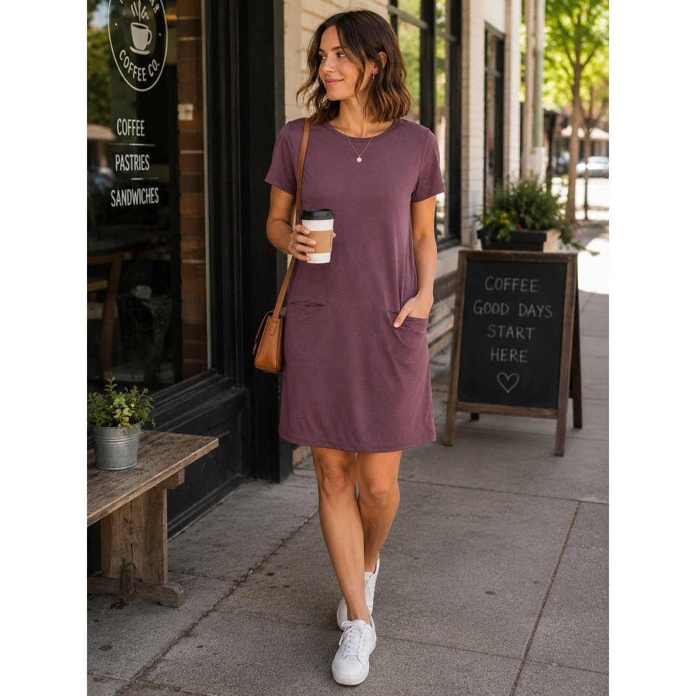 Sigrid Olsen Plum Purple Modal Blend T Shirt Dress Womens L Pockets Casual